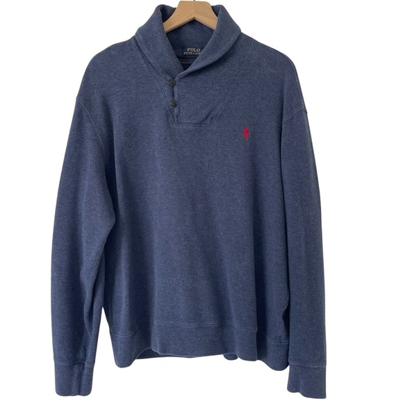 Polo Ralph Lauren Shawl Collar Pullover Sweater Preppy Navy Blue Cotton Men’s XL - Picture 1 of 11